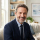 A friendly middle-aged man smiling in a bright, modern living room with soft blue home decor accents.