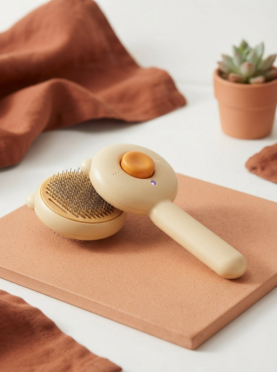 Ergonomic pet grooming brush with steam and UV light technology resting on a terracotta surface.
